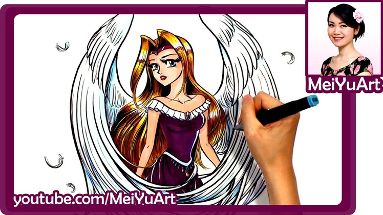 Anime Girl Art - Drawing a Beautiful Anime Angel with Wings Marker Illustration by Mei Yu - MeiYuArt