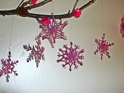 DIY Colorful Ornamental Handmade Snowflakes Hanging Indoors from Twig
