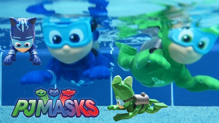 PJ Masks Gekko Swimming at Pool Party Chases Romeo with Catboy Save Paw Patrol Superhero Funny Story