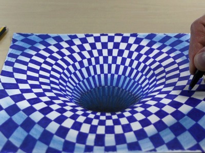 Trick Art on Paper, 3D Painting Black Hole in Blue Chess