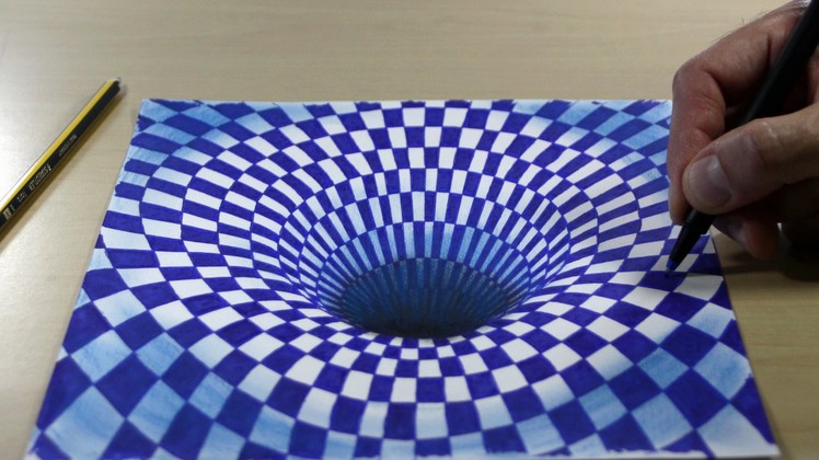 Trick Art on Paper, 3D Painting Black Hole in Blue Chess