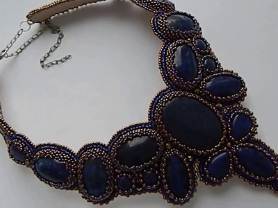 Embroidery necklace with seed beads and lapis lazuli