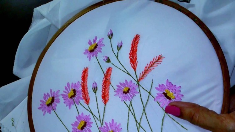 Hand embroidery designs. Lazy daisy stitch, Long lazy daisy, feather stitch.