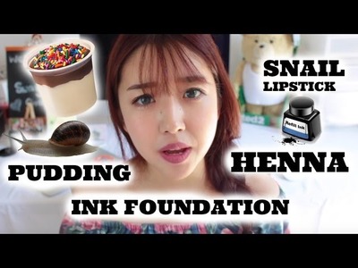 TRY ON WEIRD KOREAN MAKEUP (INK FOUNDATION, SNAIL LIPSTICK, HENNA EYELINER & MORE!) | Sunnydahye