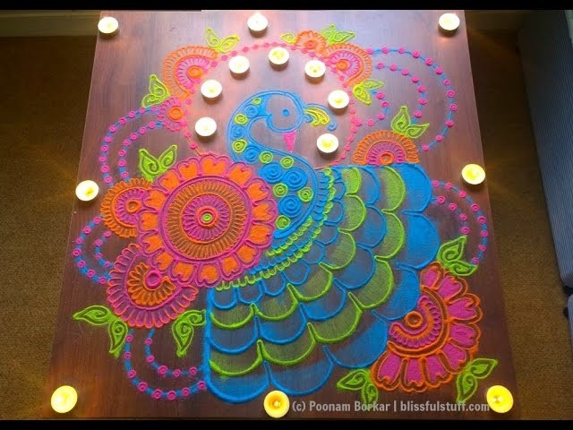 Colorful and unique peacock rangoli for diwali | Innovative rangoli designs by Poonam Borkar