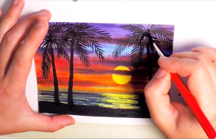 Watercolor Painting SUNSET WITH PALM TREES - SPEED PAINTING How to paint a Seascape Ocean Nature