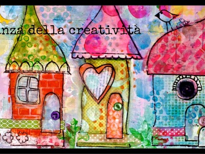 Mixed media art collage: three little houses