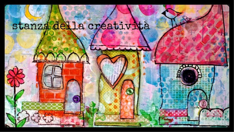 Mixed media art collage: three little houses