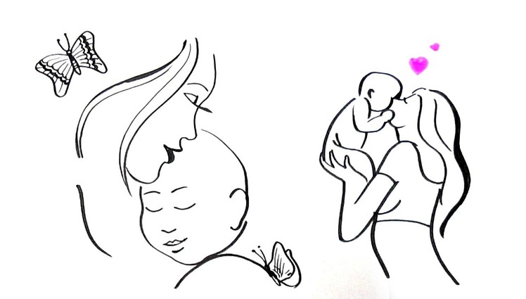 Simple line Drawing of a Mother and Child