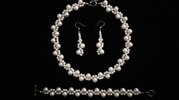 Beginners DIY jewelry pearl set -beaded necklace, bracelet, earrings
