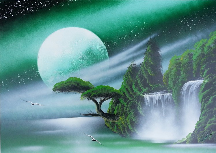 Amazing spray paint art - Dark green sky, trees and waterfall -made by street artist