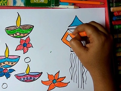How to draw colourful diya and lantern for Diwali wishes step by step very easily for kids