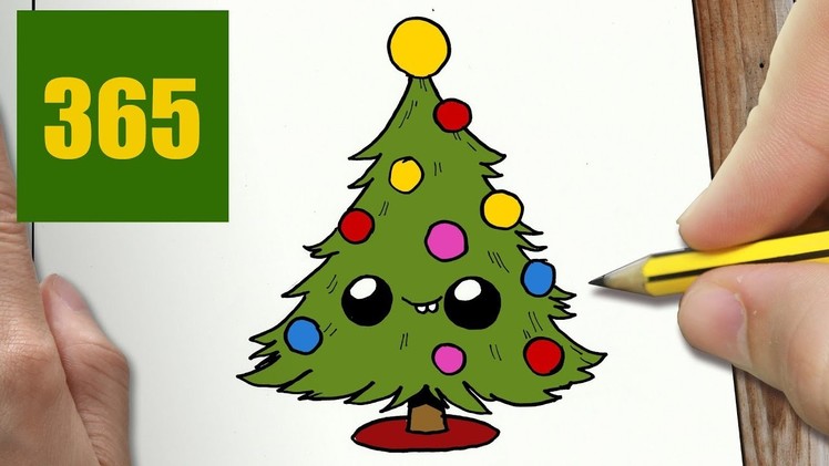 HOW TO DRAW A CHRISTMAS TREE CUTE, Easy step by step drawing lessons for kids