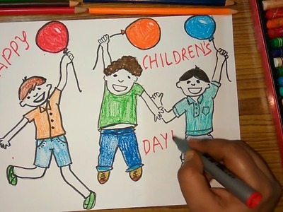 How to draw Children's Day kids celebrating poster step by step very easily