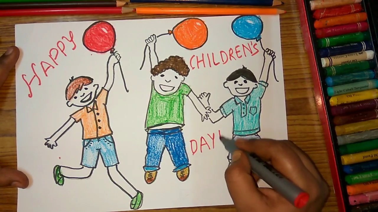 How to draw Childrens Day kids celebrating poster step by step very easily