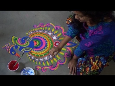 How to draw and paint a very beautiful but easy Peacock Alpana designs- Rangoli desings