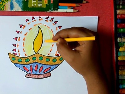 How to draw beautiful, colorful designer diya step by step very easily for kids