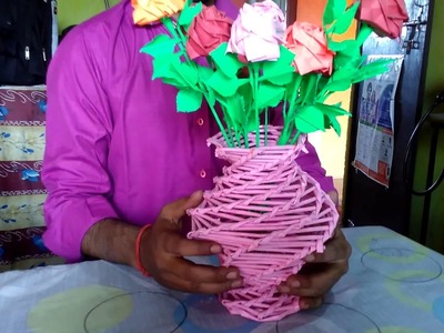 How to make a color flower vase with waste paper for project.