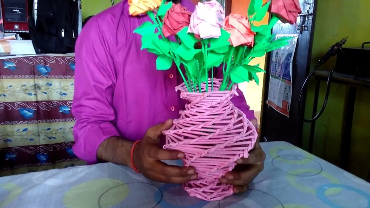 How to make a color flower vase with waste paper for project.