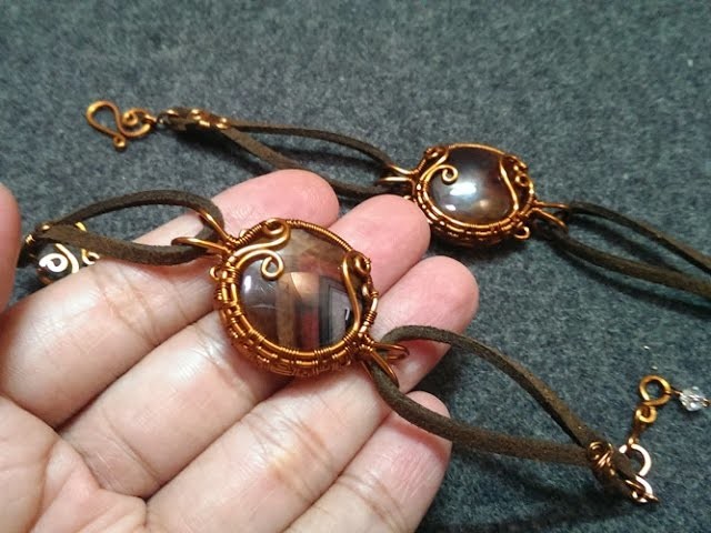 Tutorial bracelets with large stones and leather cord - How to make wire jewelery