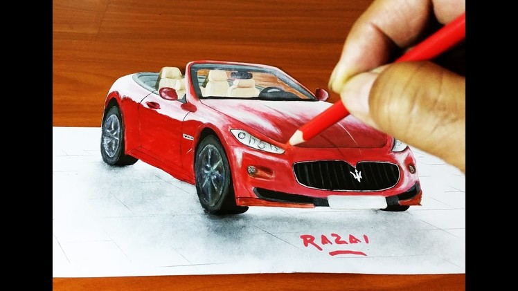 How to draw and paint Maserati car 3d illusion on paper | dessin 3D | 3d drawing