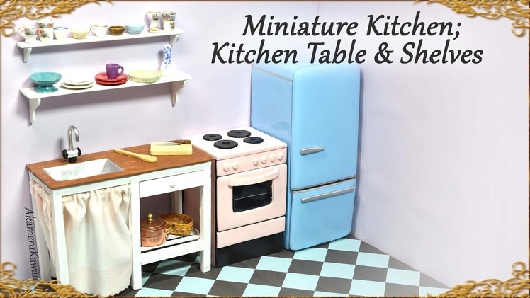 Miniature Doll  Kitchen Table w. Sink & Shelves - Wood & Polymer Clay Tutorial