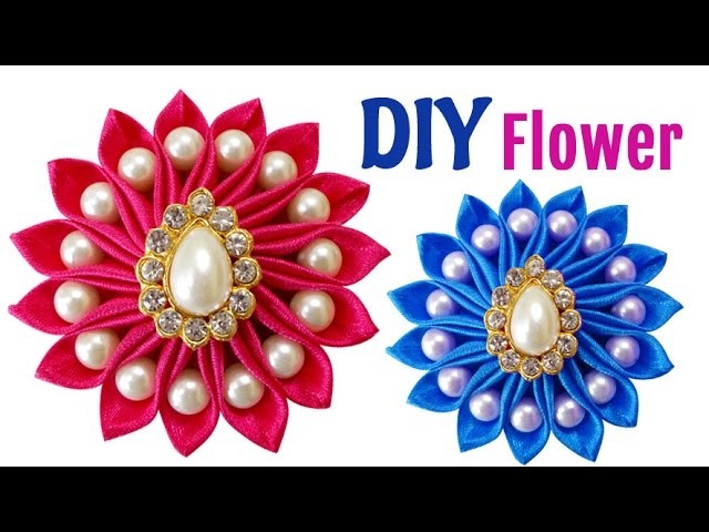 DIY for Girls : How to Make an Easy DIY Kanzashi Satin Ribbon Flower with Beads | Hair Accessories