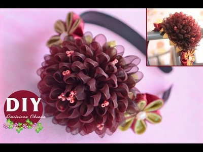 DIY.Kanzashi flower tutorial. Headband hair.Flowers from ribbon.Dahlia Flower kanzashi