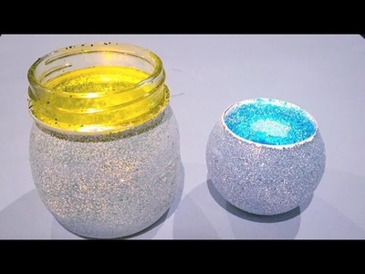 DIY. recycle jars. home decor. candle holder. glitter glue. kids holiday craft.Frozen theme candle