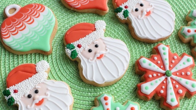 3 Christmas Cookie Designs using Wilton Cookie Cutters Santa, snowflake & ornament cookies