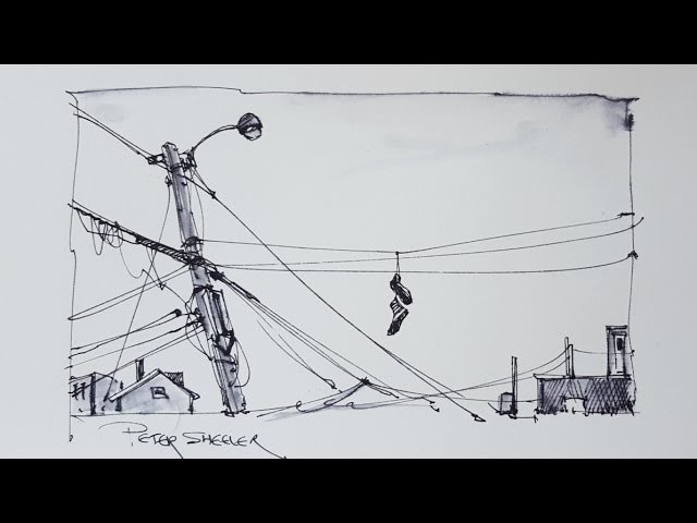 A pen and ink sketch of Utility Poles using water soluable ink. With Peter Sheeler