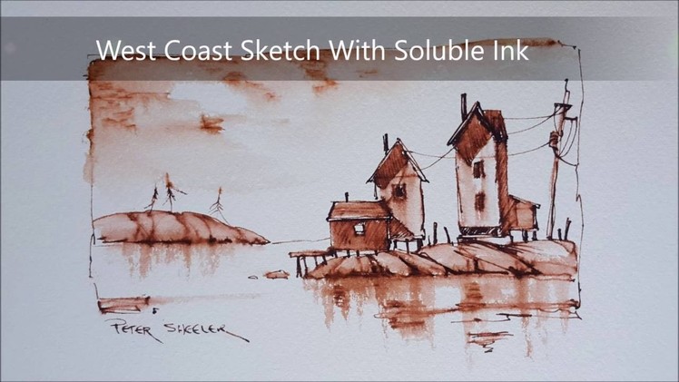 A Soluble Ink Sketch of a East Coast Scene using a fountain and Water brush on Cold Press Paper.