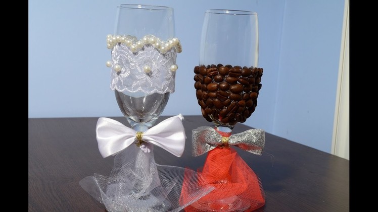 DIY Wedding glasses with coffee beans and pearls by CreativeMaryT