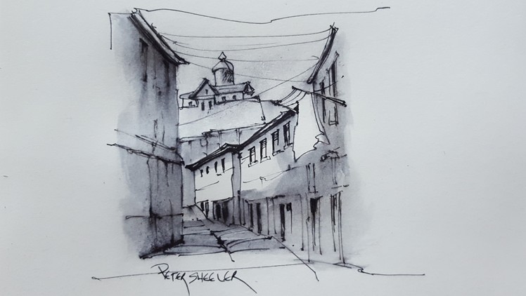 How to draw with soluble ink. Pen and Water Brush. A Sunlit Alley with Shadows