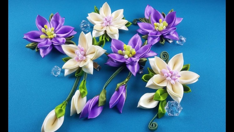 Ribbon flowers:hairpins set.Flores de cintas:conjunto de pelo clips.Цветы из лент:набор заколок.МК