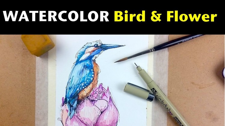 Watercolor & Ink Tutorials | How to Draw & Paint a Bird & Flower