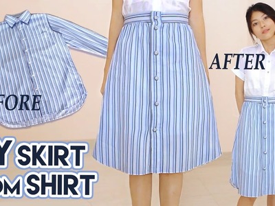 DIY Turn Old Shirt Into Skirt | Button Front A Line Midi Skirt | Clothes Transformation Upcycle
