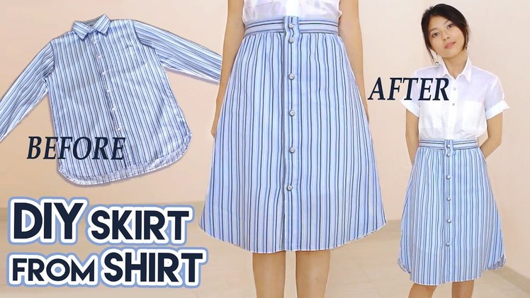 DIY Turn Old Shirt Into Skirt | Button Front A Line Midi Skirt | Clothes Transformation Upcycle