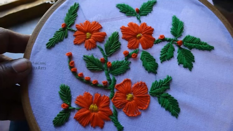 Hand Embroidery Flower Design Fishbone Satin: Buttonhole Stitches by Amma Arts