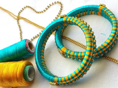 How to make silk thread bangles with gold drop chain # multi color threads