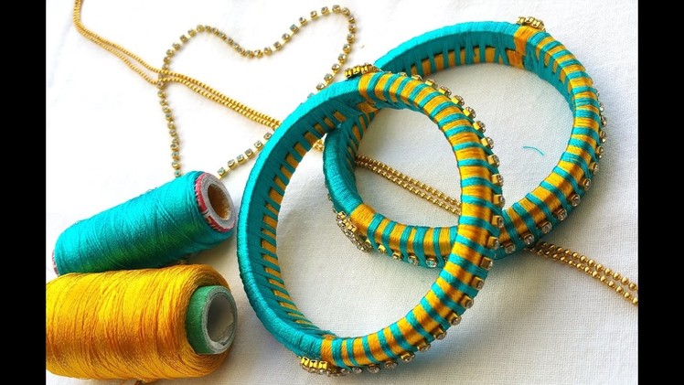 How to make silk thread bangles with gold drop chain # multi color threads