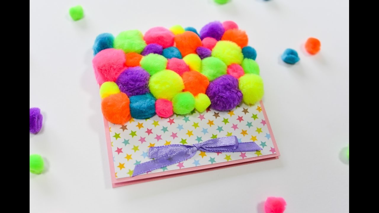 How to Make - Soft Pompom Greeting Card Birthday - Step by Step DIY | Kartka Na Urodziny