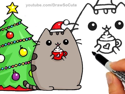 How to Draw Christmas Holiday Pusheen Cat step by step Easy and Cute