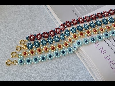 How to Make Light Cyan, Yellow, Blue and Red Pearl Bead Flower Bracelets for Friends