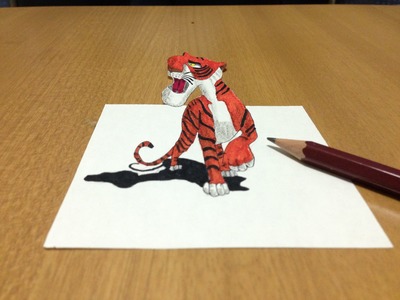 3D Tiger Drawing in Cartoon, Trick Art Anamorphic Illusion