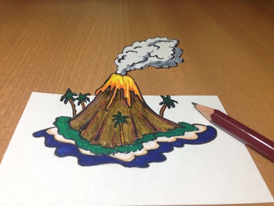 3D Volcanic Island Drawing, Anamorphic Illusion