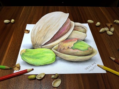 Drawing 3D pistachio on paper نقاشی سه بعدی پسته
