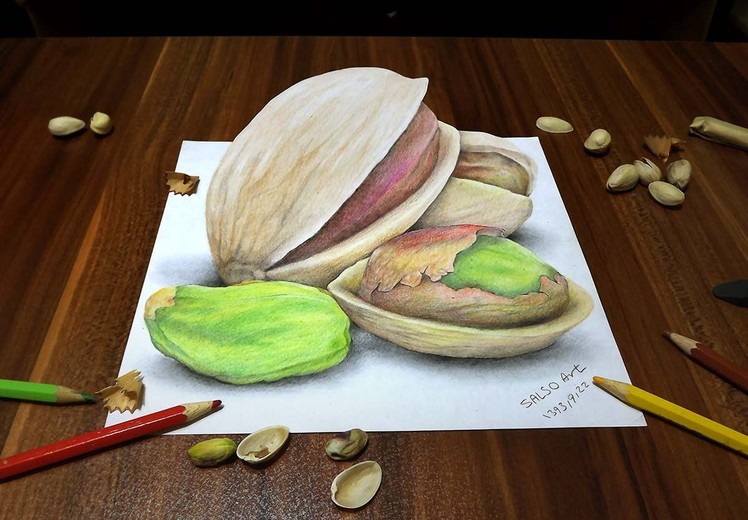 Drawing 3D pistachio on paper نقاشی سه بعدی پسته