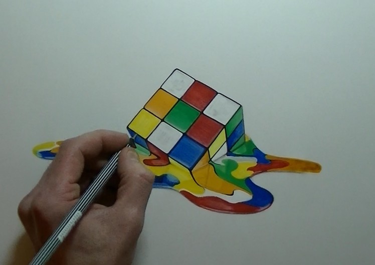 Drawing 3D rubik's Cube - effect melted - Time Lapse