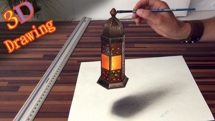 Drawing of a realistic lantern in 3D effect.anamorphic illusion